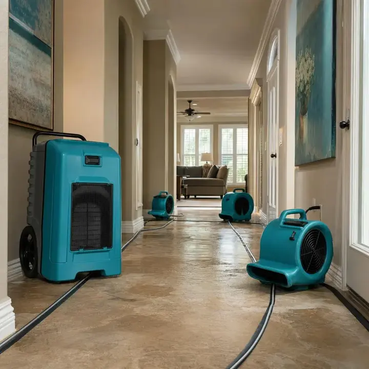Dehumidifier and air movers lined along a tiled hallway during drying in New Port Richey
