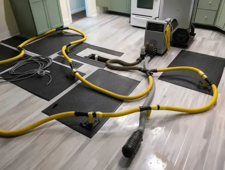 Floor drying mats and hoses pulling moisture out of a plank floor