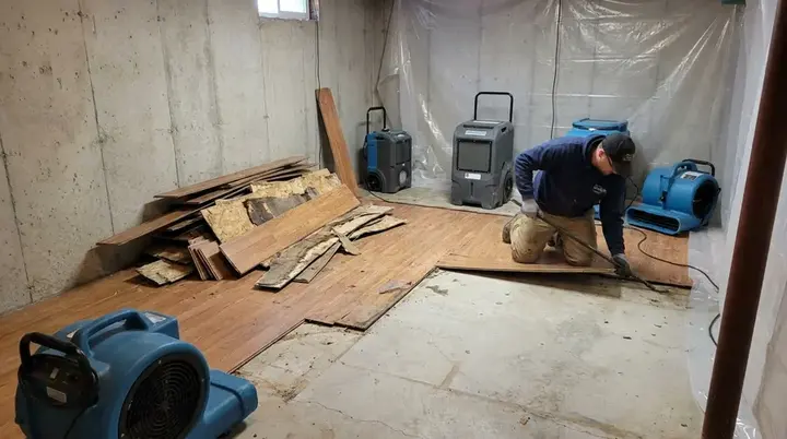 Wet flooring pulled up with a dehumidifier and air movers running