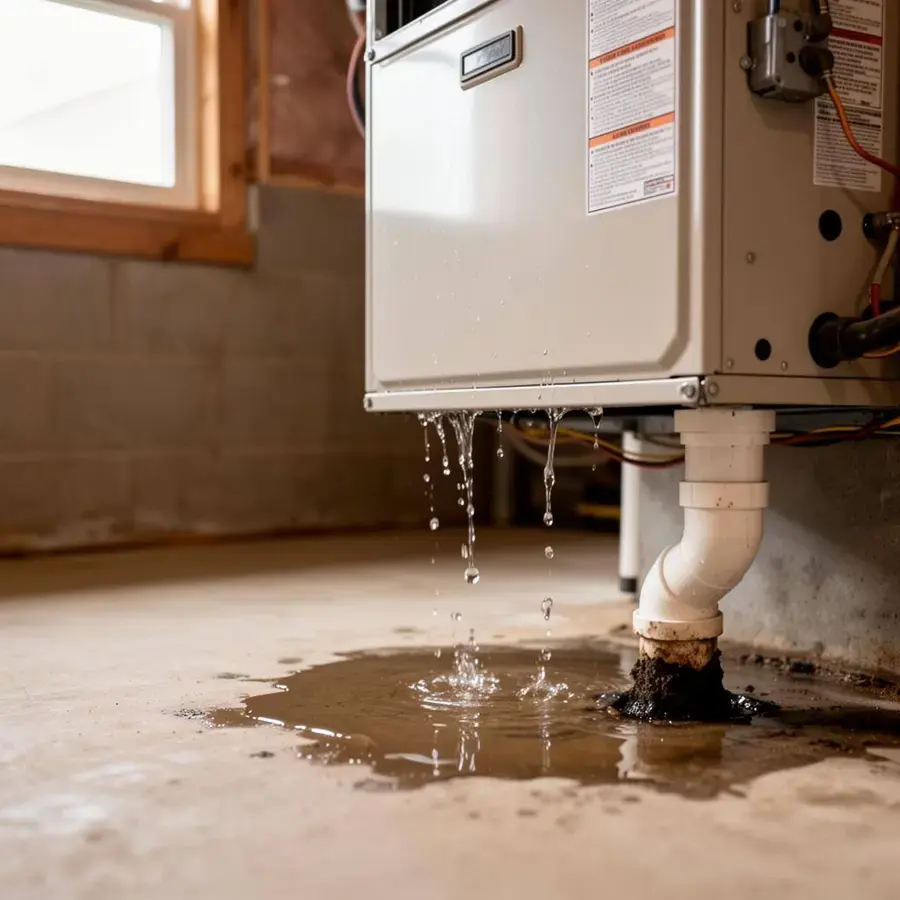 Condensate dripping from an HVAC unit onto the floor below a clogged drain line