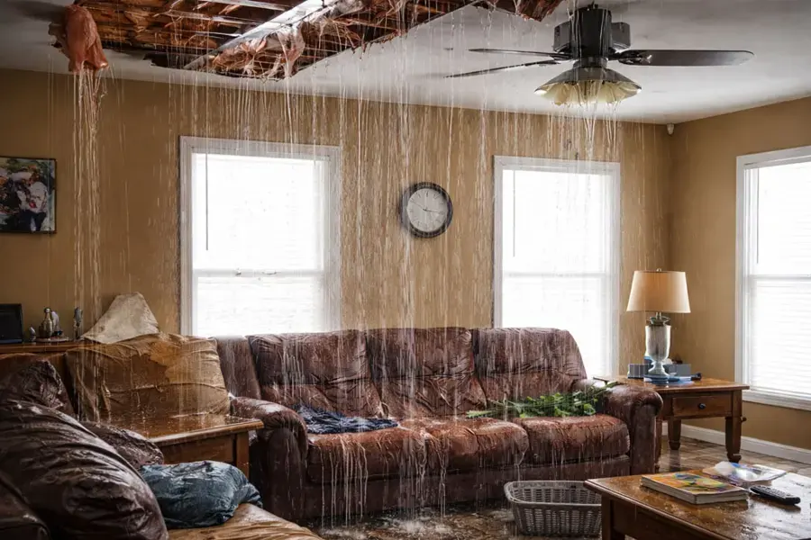 Water pouring through a living room ceiling from a leak above