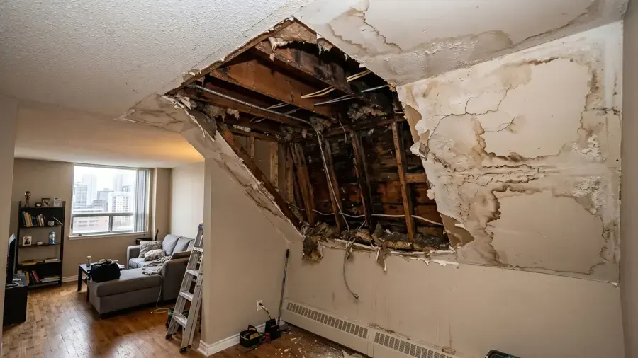 Ceiling drywall collapsed below a roof leak, exposing wet framing and decking