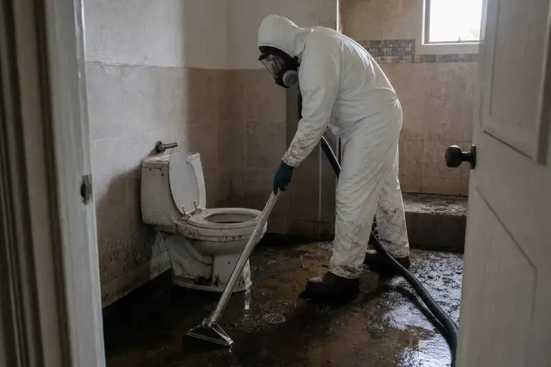 Technician in a protective suit extracting a sewage backup from a bathroom floor
