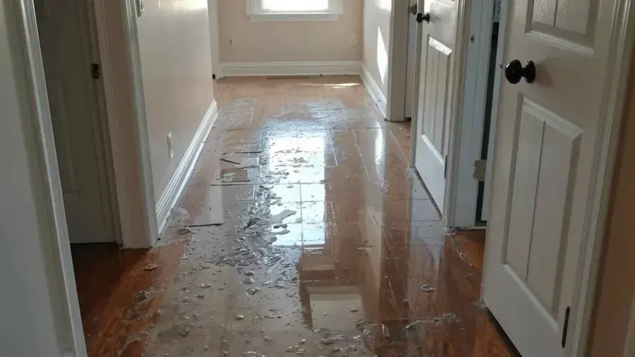 Water spread across a hallway floor from a leak under the slab