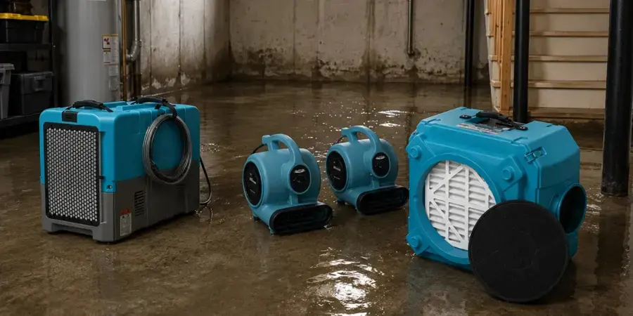 Air movers, a dehumidifier and an air scrubber set up to dry a wet room
