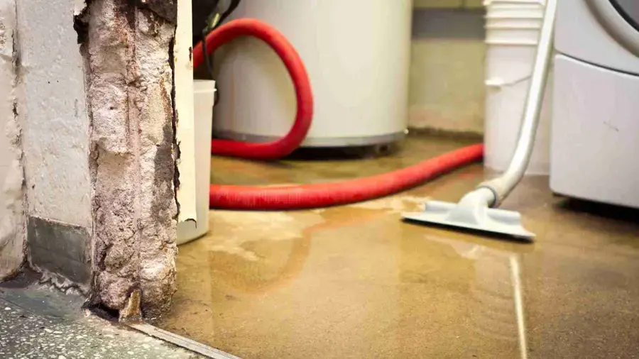 Extraction wand pulling water from a floor beside a failed water heater